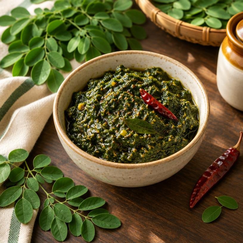 Murungai Thokku served in a bowl with its ingredients