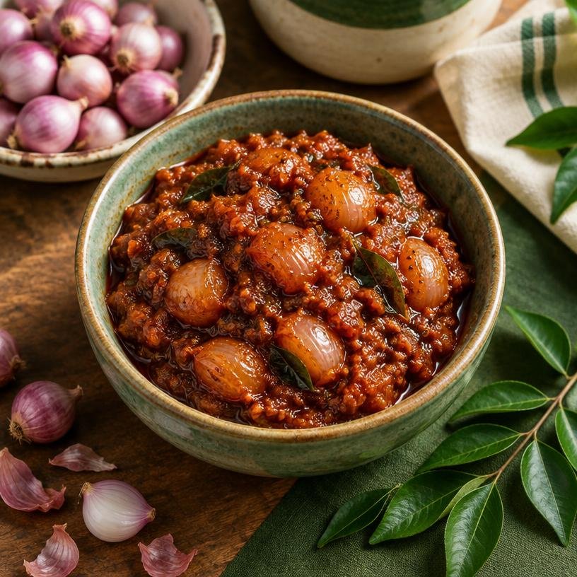 Small Onion Thokku served in a bowl with its ingredients